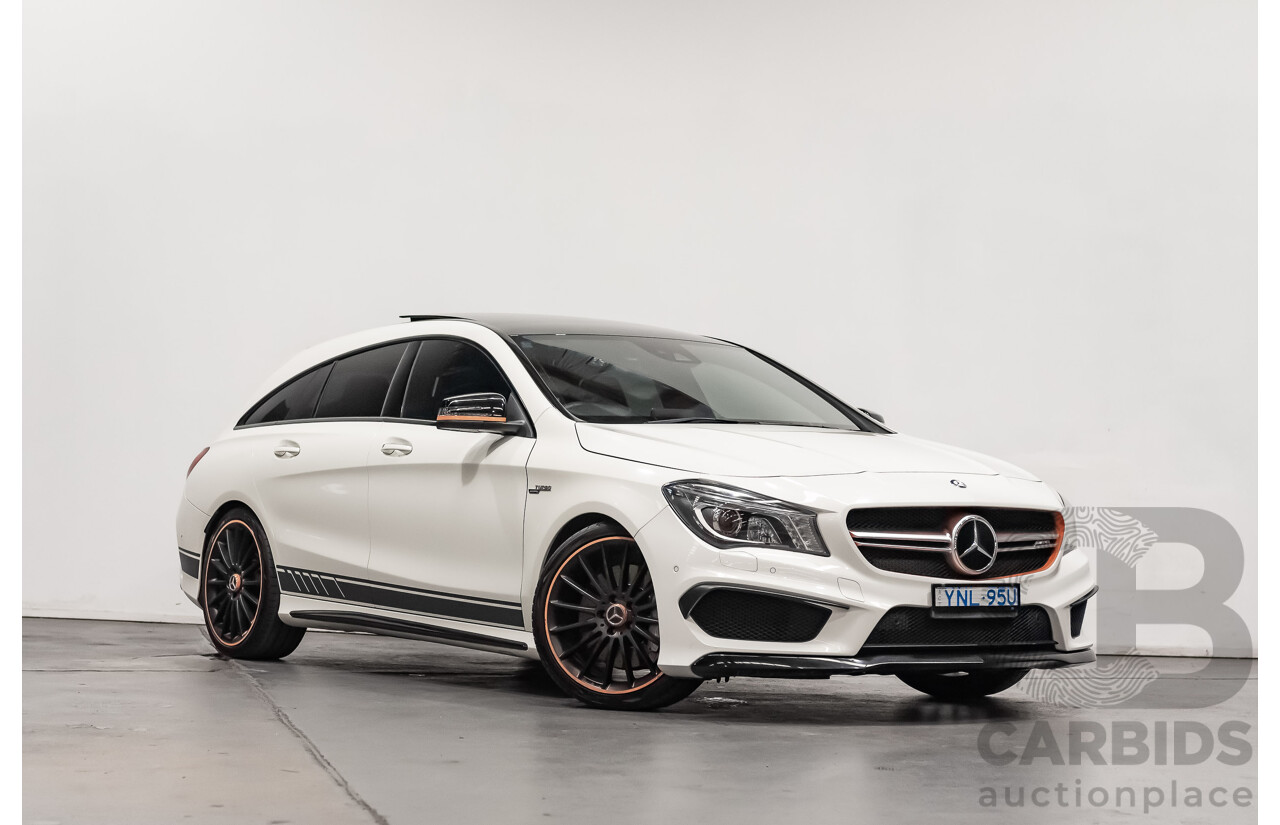 7/2015 Mercedes Benz CLA 45 AMG 4matic (AWD) Shooting Brake OrangeArt Edition 117 4d Wagon White Turbo 2.0L