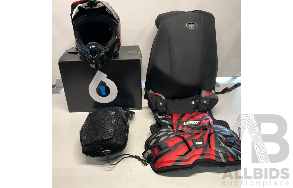 SIXSIXONE Comp Red Helmet (Size XL) & Dj Knee (Black/L) & LEATT Chest Protector System & OGIO No Drag Mach1 - Lot of 4