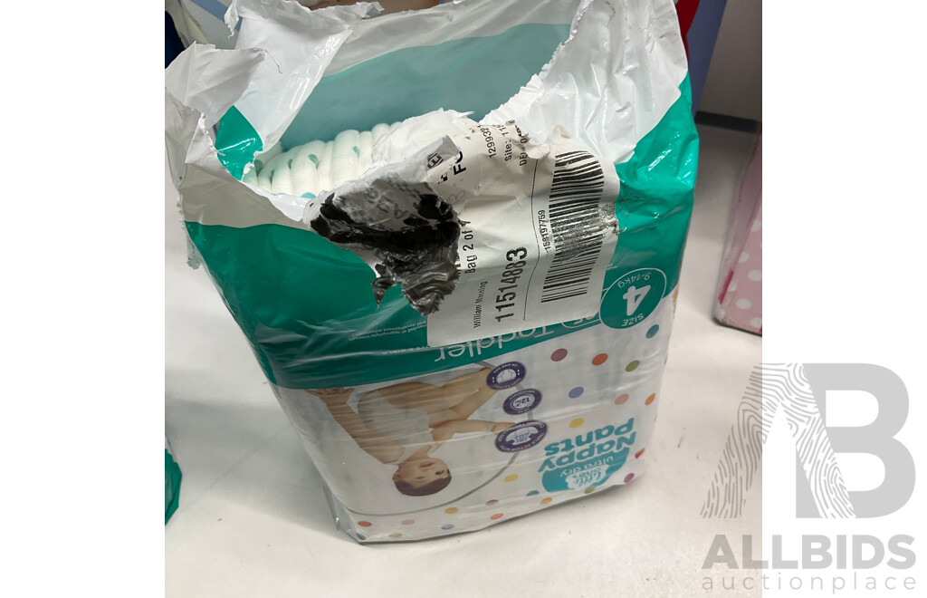 HUGGIES Size 3 Nappies for Girls X2 for Boys X1 & BABYLOVE Nappies Size 3 X2 & LITTLE ONES Nappy Pants Size 4 X2  - Lot of 7  - Estimated Total ORP$150.00