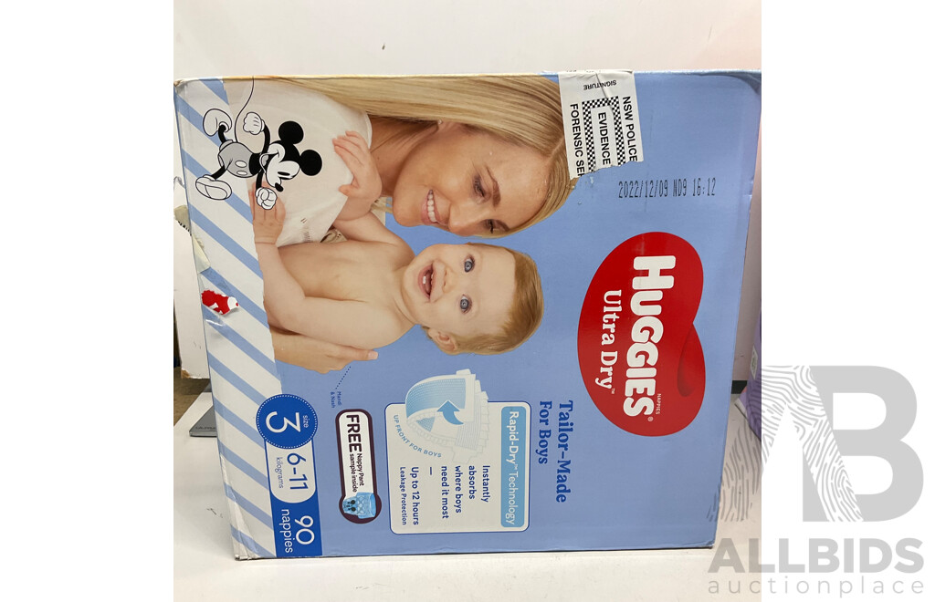 HUGGIES Size 3 Nappies for Girls X2 for Boys X1 & BABYLOVE Nappies Size 3 X2 & LITTLE ONES Nappy Pants Size 4 X2 - Lot of 7 - Estimated Total ORP$150.00