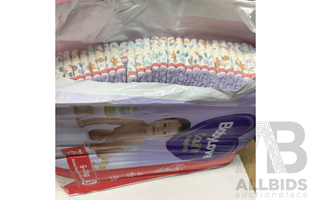 HUGGIES Size 3 Nappies for Girls X2 for Boys X1 & BABYLOVE Nappies Size 3 X2 & LITTLE ONES Nappy Pants Size 4 X2  - Lot of 7  - Estimated Total ORP$150.00