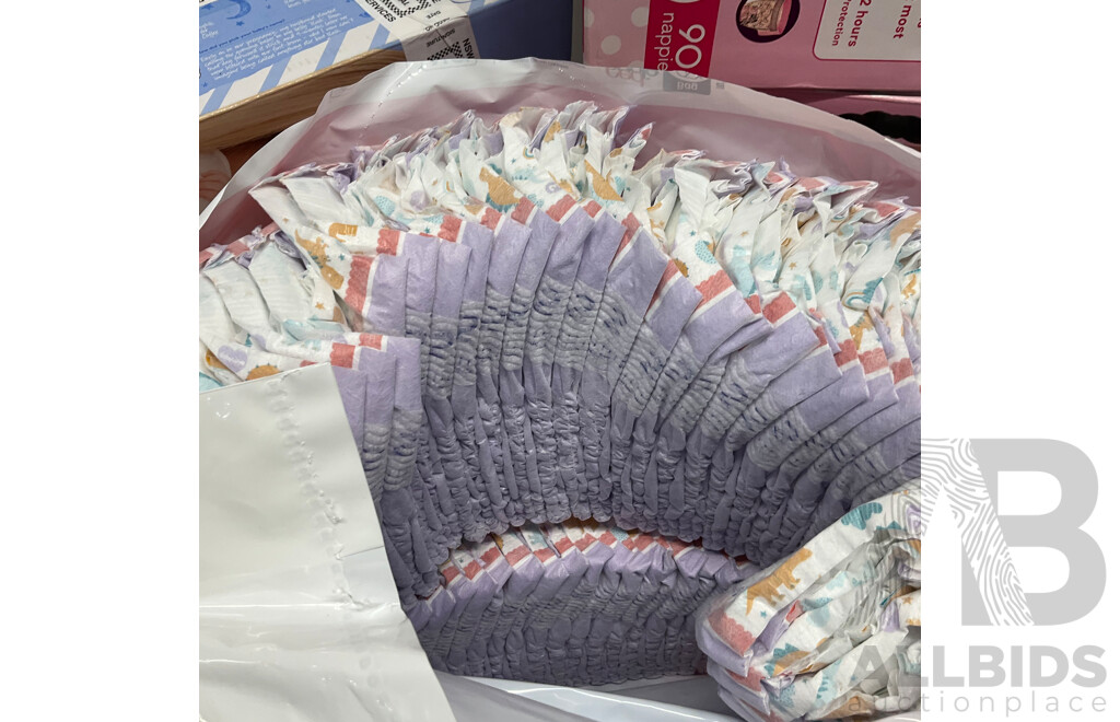 HUGGIES Size 3 Nappies for Girls X2 for Boys X1 & BABYLOVE Nappies Size 3 X2 & LITTLE ONES Nappy Pants Size 4 X2  - Lot of 7  - Estimated Total ORP$150.00