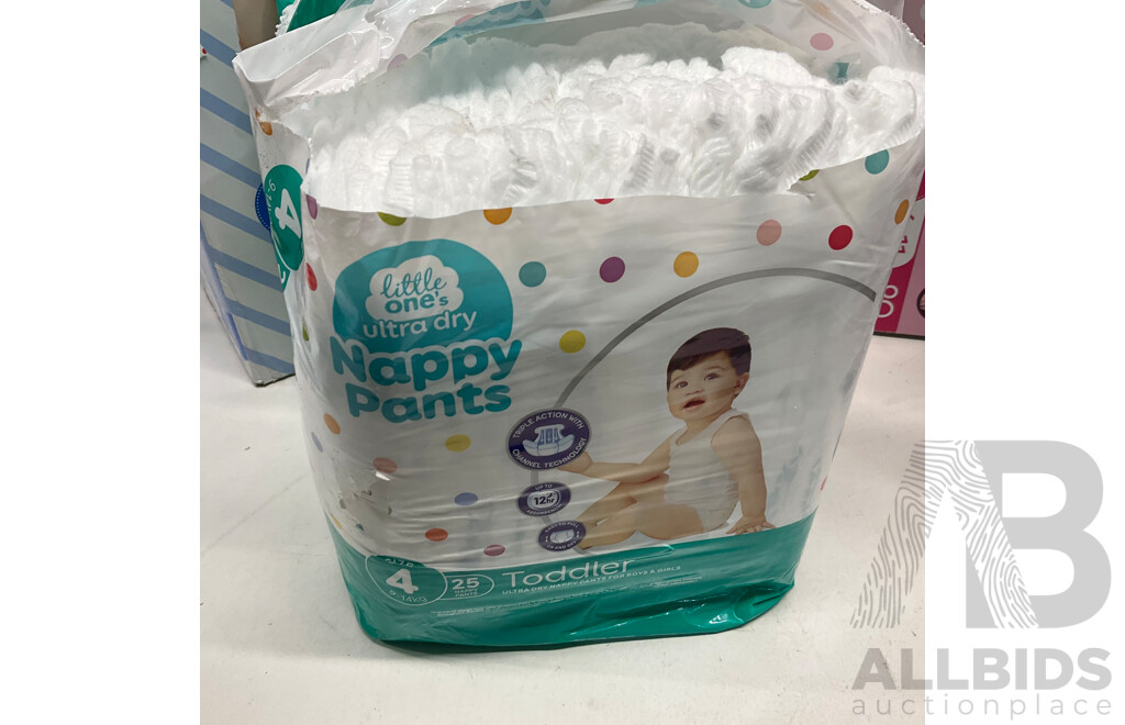 HUGGIES Size 3 Nappies for Girls X2 for Boys X1 & BABYLOVE Nappies Size 3 X2 & LITTLE ONES Nappy Pants Size 4 X2  - Lot of 7  - Estimated Total ORP$150.00