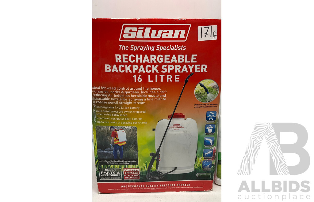 SILVAN Rechargeable Backpack Sprayer 16 L & GARDEN BASICS Lawn Food X2 - Lot of 3 - ORP $220.00