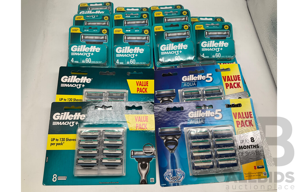 GILLETTE Match 3+, 5 Aqua Blades Packs of 8 and Match3+ Packs of 4 - Lot of 15 - ORP $368.00