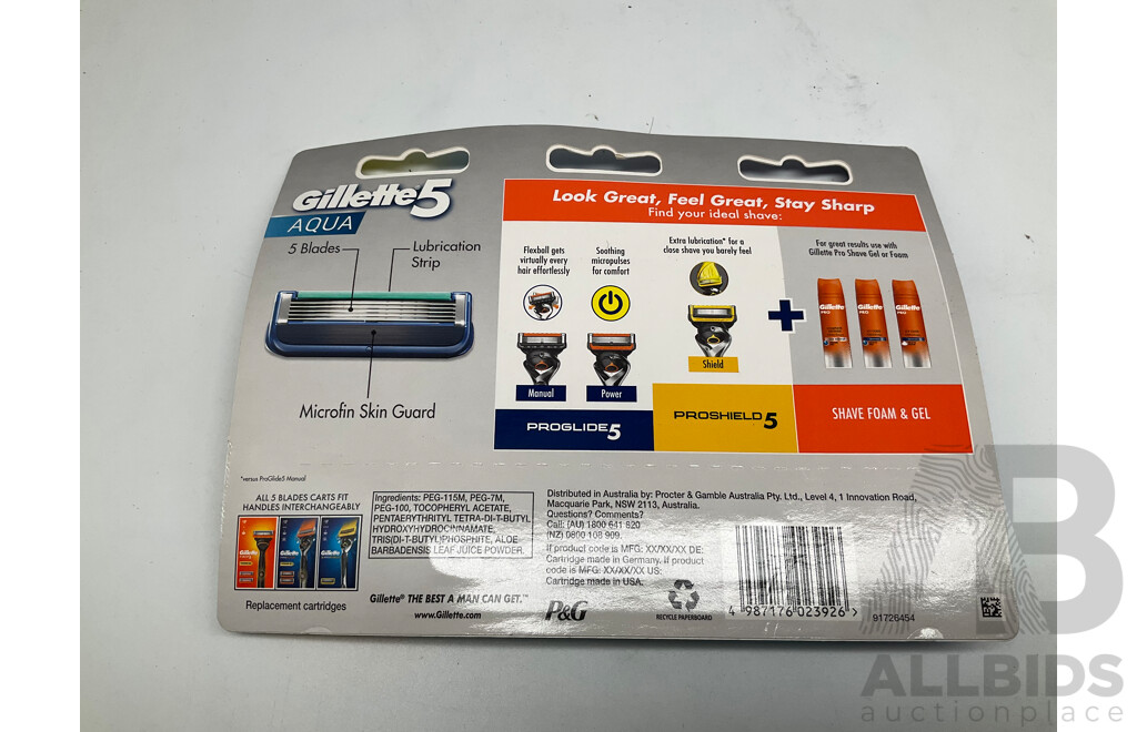 GILLETTE Match 3+,  5 Aqua Blades Packs of 8 and Match3+ Packs of 4 - Lot of 15 - ORP $368.00