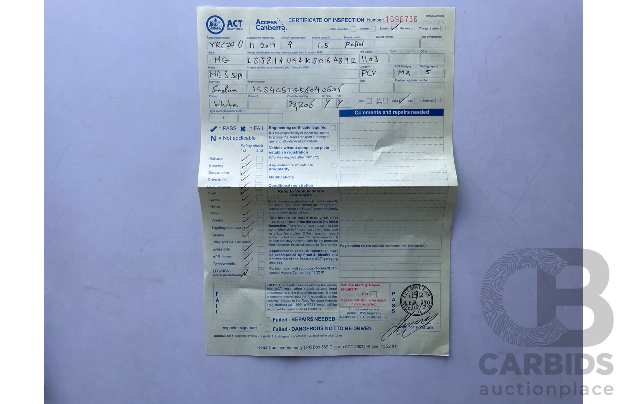 11/19 Mg Mg3 Auto EXCITE (WITH NAVIGATION) FWD MY20 5D Hatchback White 1.5L