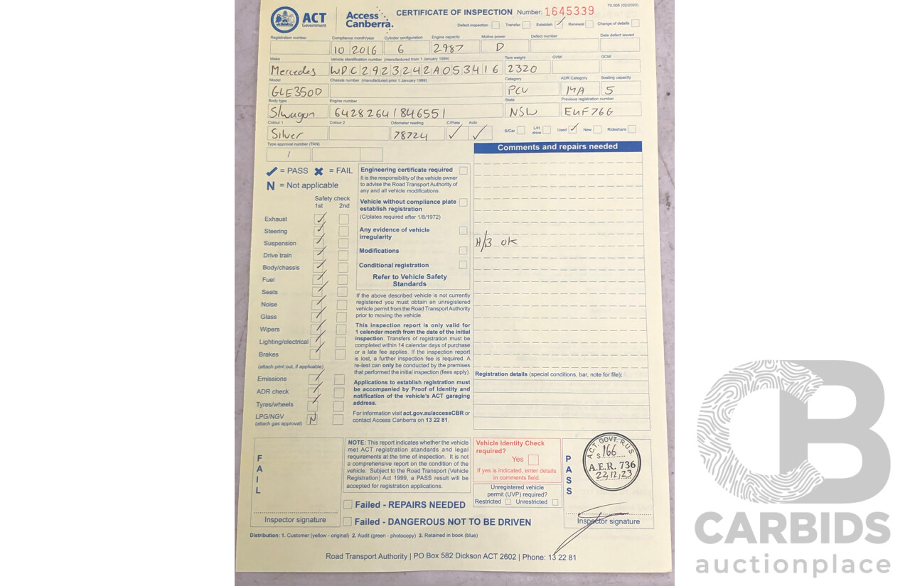 10/2016 Mercedes Benz GLE 350d 4matic (AWD) 292 4d Coupe Diamond Silver Metallic Turbo Diesel V6 3.0L