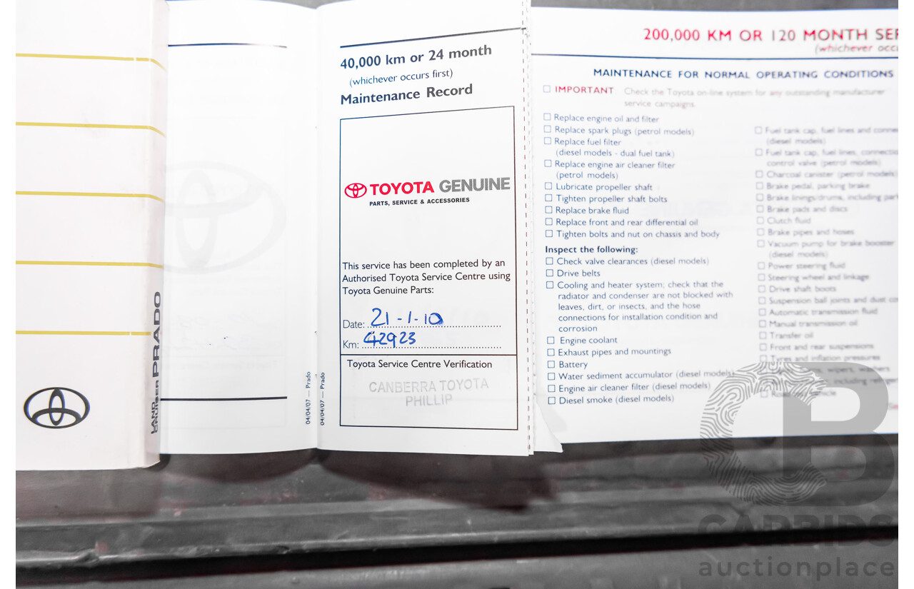 1/2008 Toyota Landcruiser Prado VX (4x4) KDJ120R 07 UPGRADE 4d Wagon White Turbo Diesel 3.0L - 8 Seater