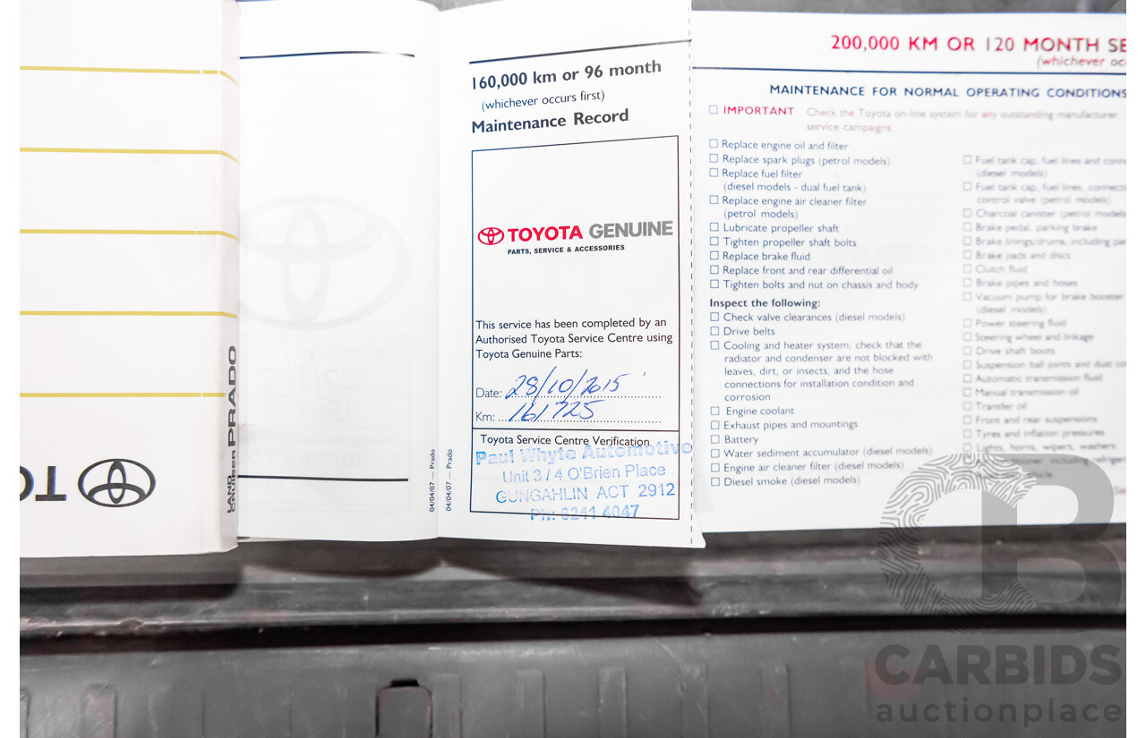 1/2008 Toyota Landcruiser Prado VX (4x4) KDJ120R 07 UPGRADE 4d Wagon White Turbo Diesel 3.0L - 8 Seater