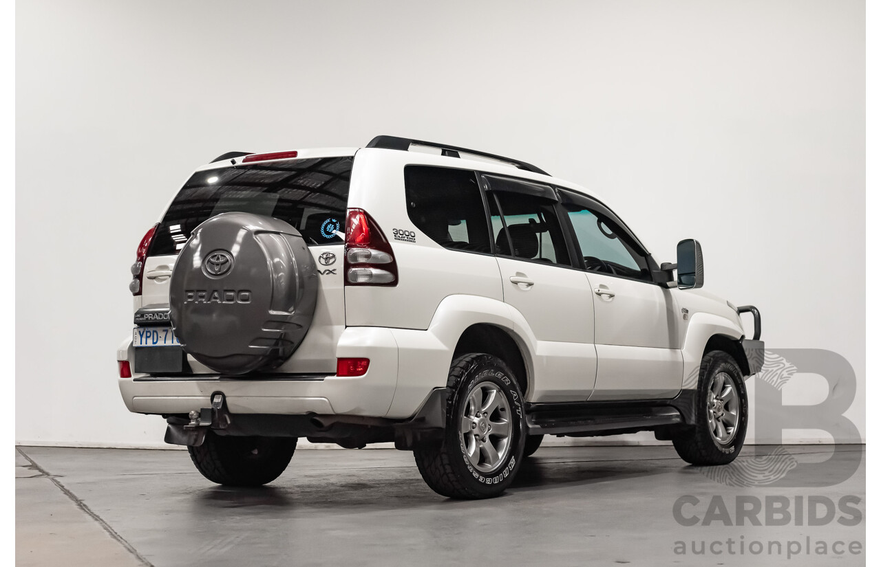1/2008 Toyota Landcruiser Prado VX (4x4) KDJ120R 07 UPGRADE 4d Wagon White Turbo Diesel 3.0L - 8 Seater