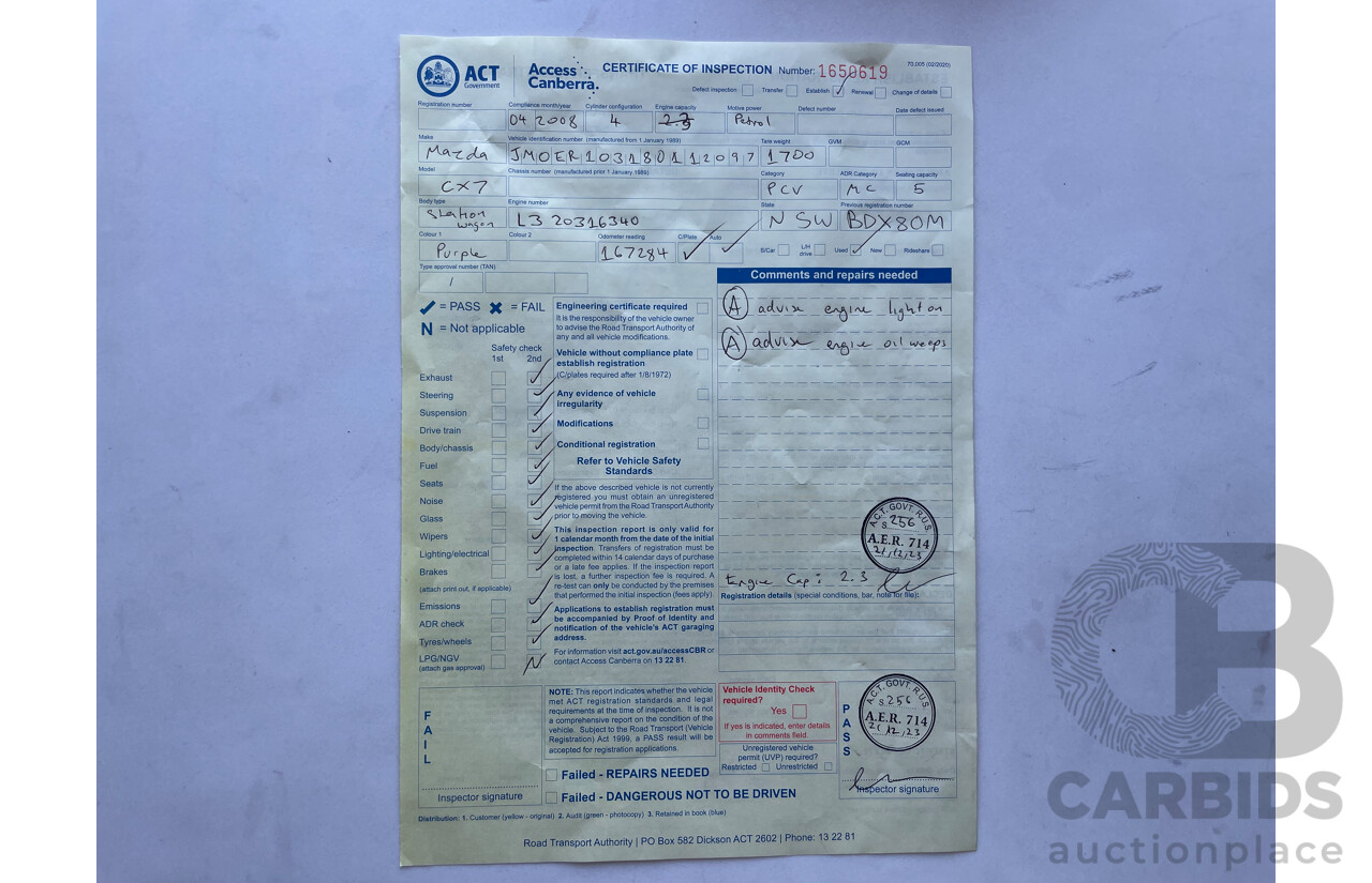 04/08 Mazda Cx-7 LUXURY (4x4) AWD ER 4D Wagon Purple 2.3L
