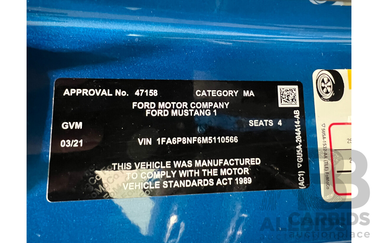 3/2021 Ford Mustang GT Fastback FN MY21 2d Coupe Velocity Blue V8 5.0L