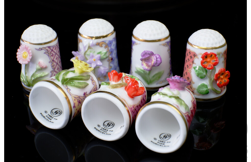 Franklin Mint Flower Thimble Collection with Three Tiered Timber Stand