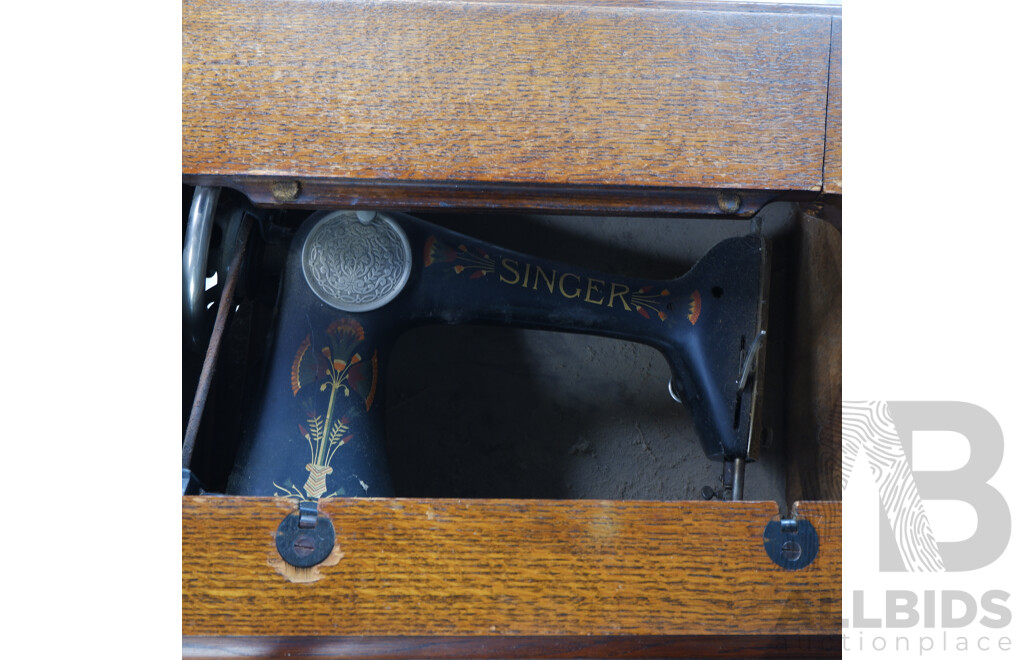 Vintage Singer Sewing Machine Over Treadlew Base