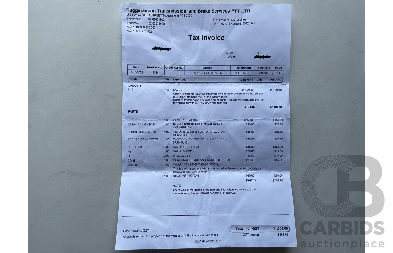 11/11 Ford Falcon  RWD FG UPGRADE C/Chas White 4.0L