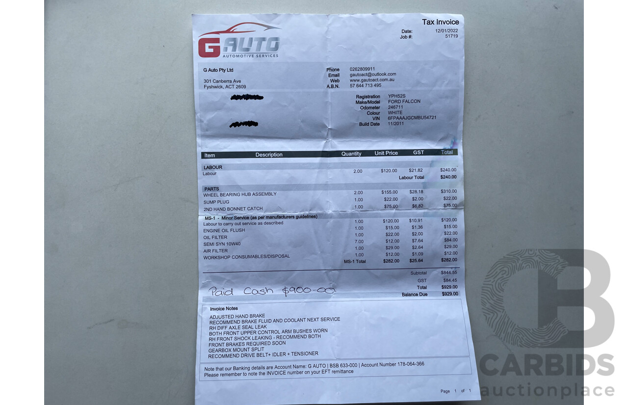 11/11 Ford Falcon  RWD FG UPGRADE C/Chas White 4.0L