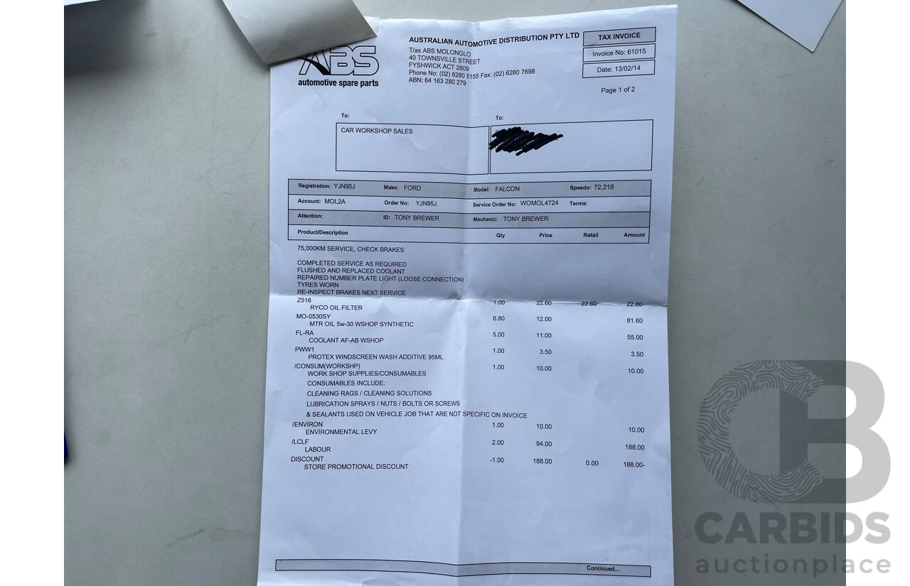 11/11 Ford Falcon  RWD FG UPGRADE C/Chas White 4.0L