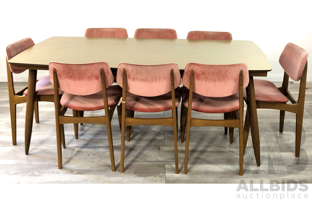 Eight Vintage Dining Chairs with Pink Velvet Upholstery and Table