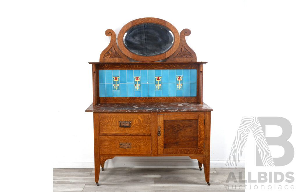 Art Neaveau Oak Tile Back Wash Stand with Mirror