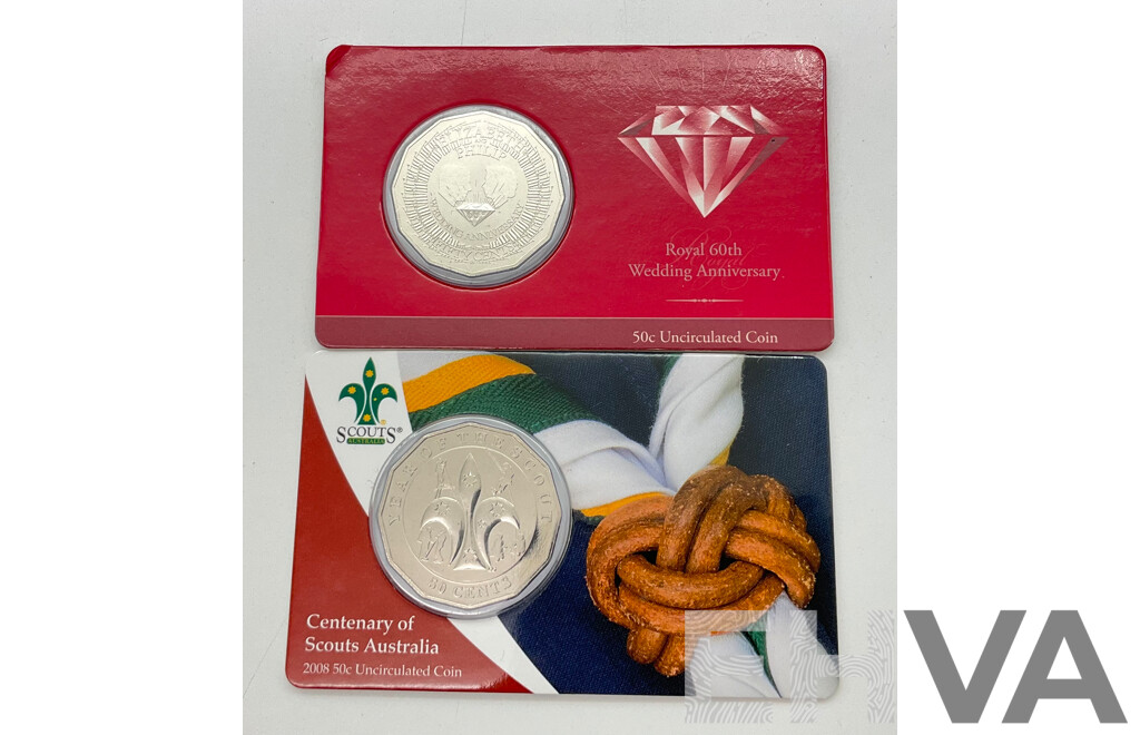 Australian RAM Commemorative Fifty Cent Coins, 2007 60th Royal Wedding and 2008 Centenary of Scouts