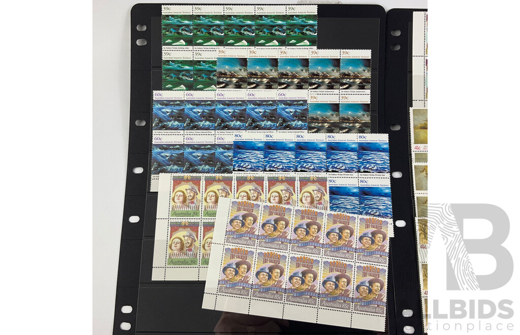 Australian 1989 Mint Stamp Strips and Gutters Including Stars of the Stage and Screen Set, Four Five Dollar Mawarra Victoria, Four Two Dollar Nooroo New South Wales