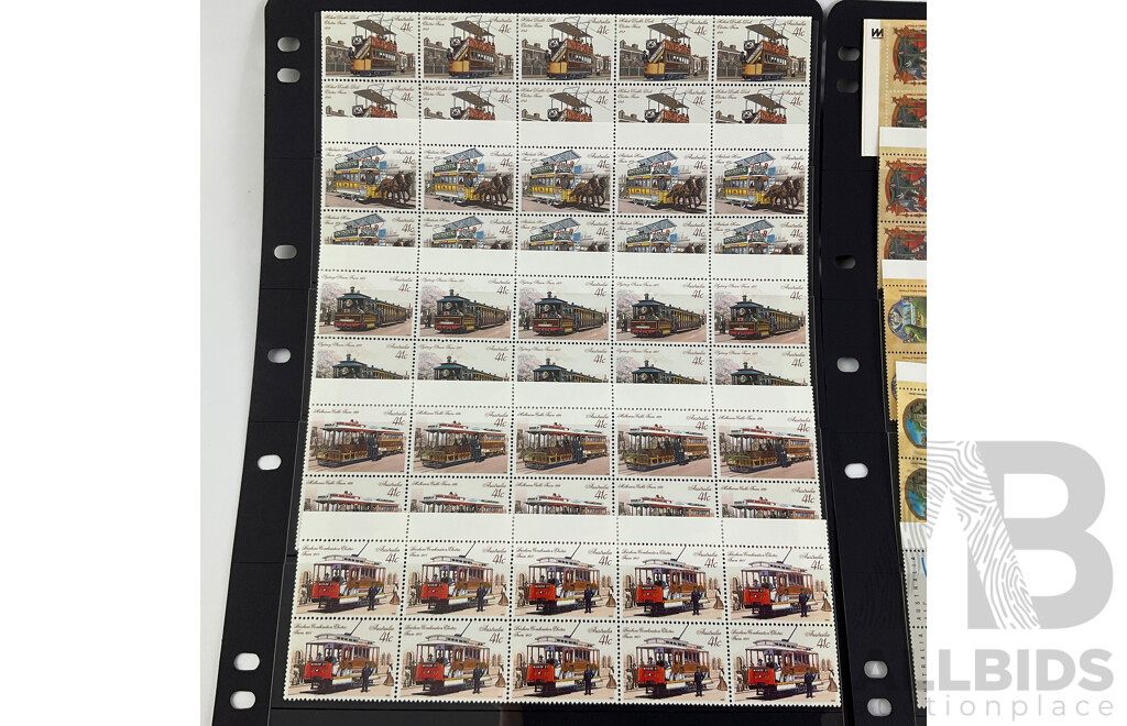 Australian 1989/90 Mint Stamp Strips and Gutters Including Historic Trams Set, Radio Australia, Australia Sports Set, Australia Day 1990