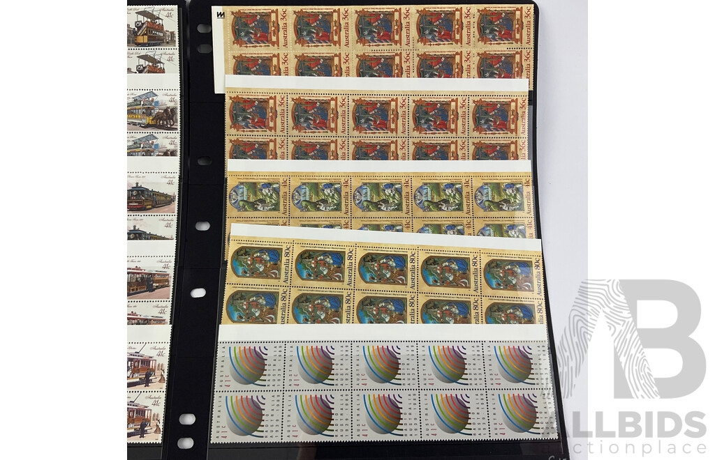 Australian 1989/90 Mint Stamp Strips and Gutters Including Historic Trams Set, Radio Australia, Australia Sports Set, Australia Day 1990