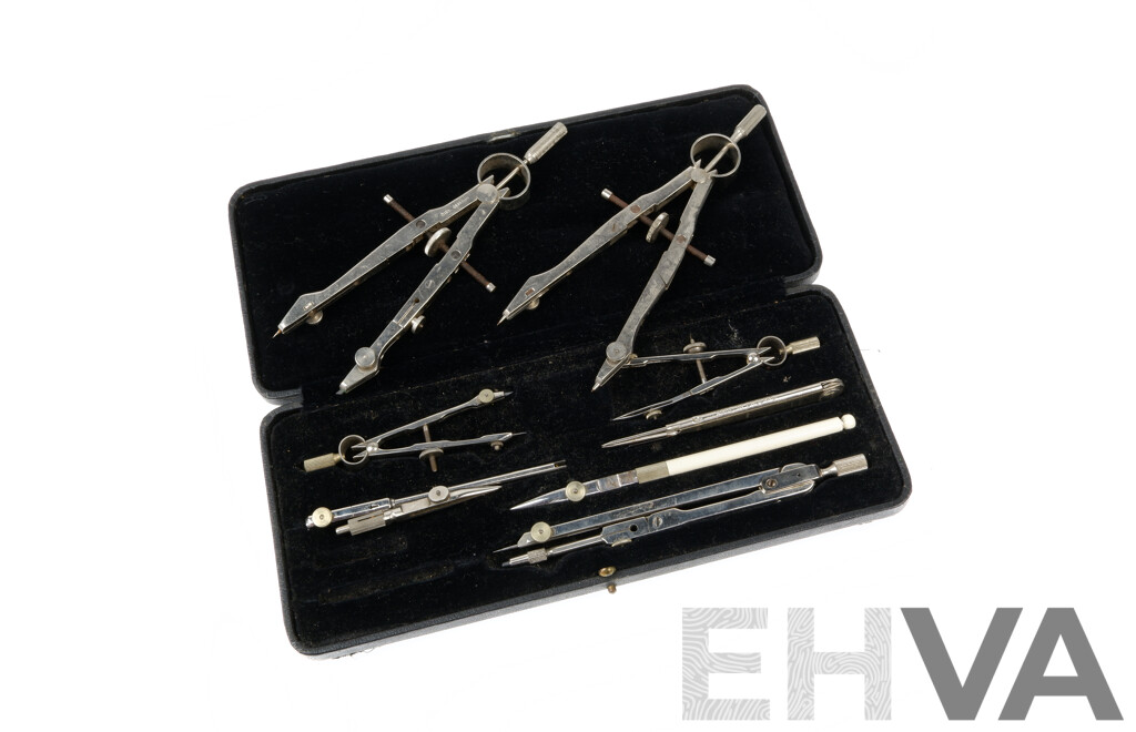 Vintage Drawing Instrument Set in Case, Made in England, with Extra Compases