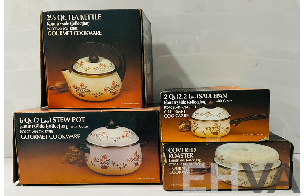 Collection of Vintage Countryside Collection Porcelain on Steel Gourmet Cookware Including Kettle, 2.2L Saucepan and More, All in Original Packaging