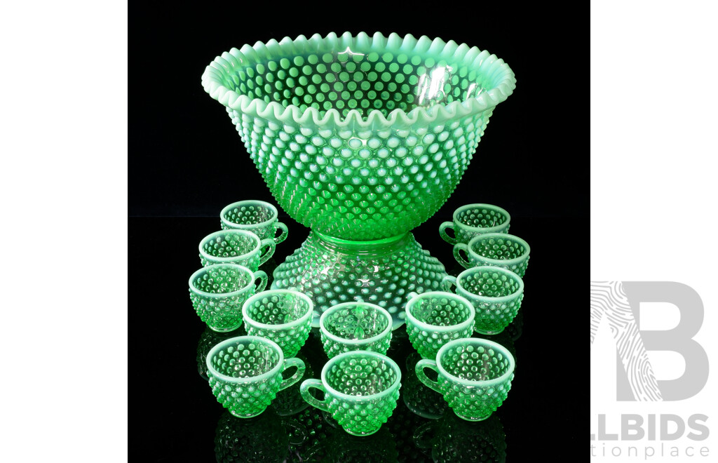 Large Fenton Hobnail Uranium Glass Punch Bowl with 12 Cups