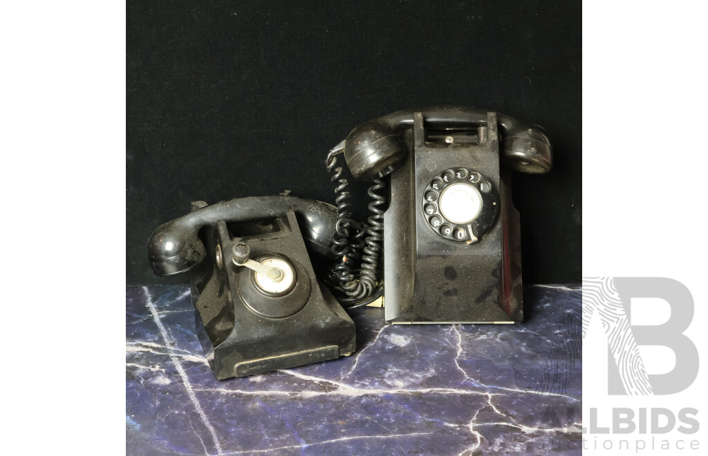 Vintage Black Bakelite Wall Mount Rotary Phone and Another