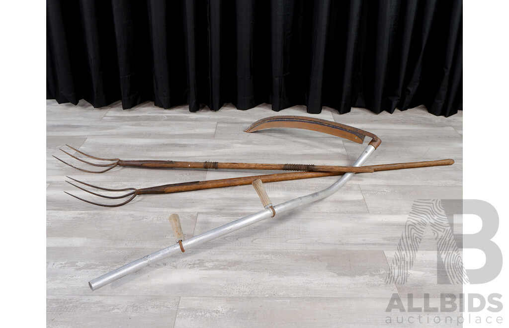 Pair of Vintage Timber Handled Garden Hoes and Scythe