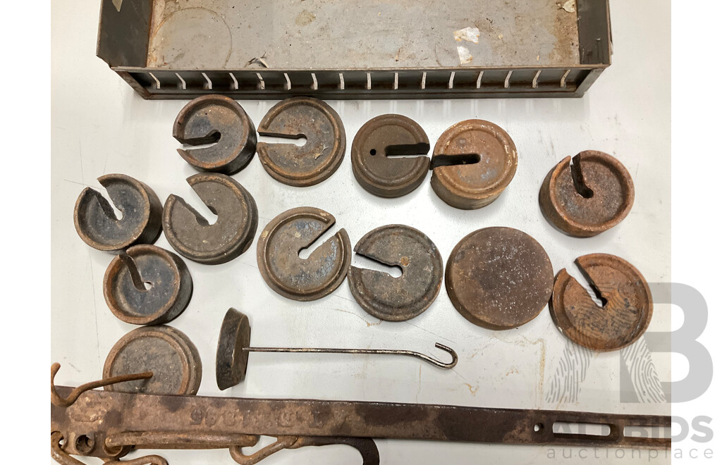 Antique Weight Scale Bar with Slide and Hanging Weights