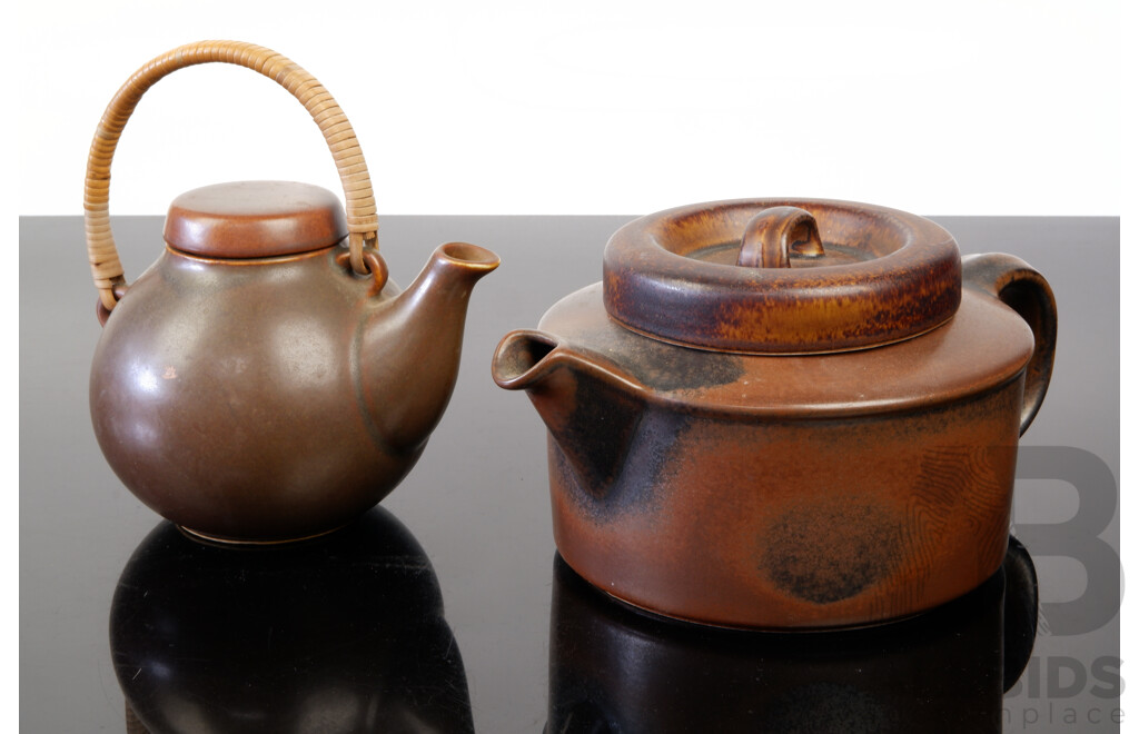 Vintage Mid Century Arabia Ruska Lidded Teapot Along with Arabia Teapot by Ulla Procope with Rattan Handle