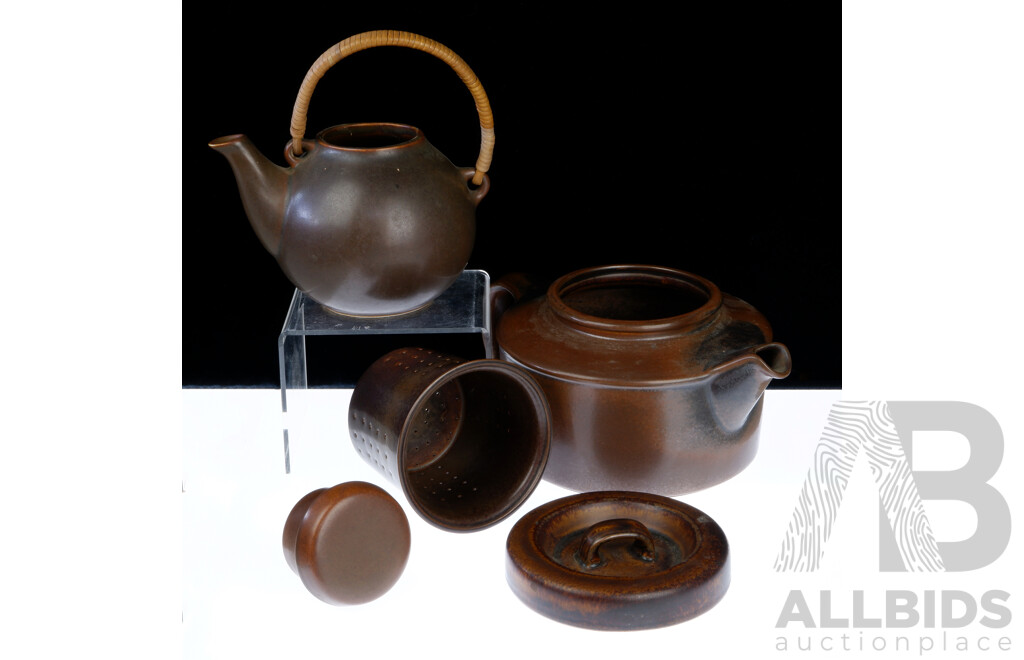 Vintage Mid Century Arabia Ruska Lidded Teapot Along with Arabia Teapot by Ulla Procope with Rattan Handle