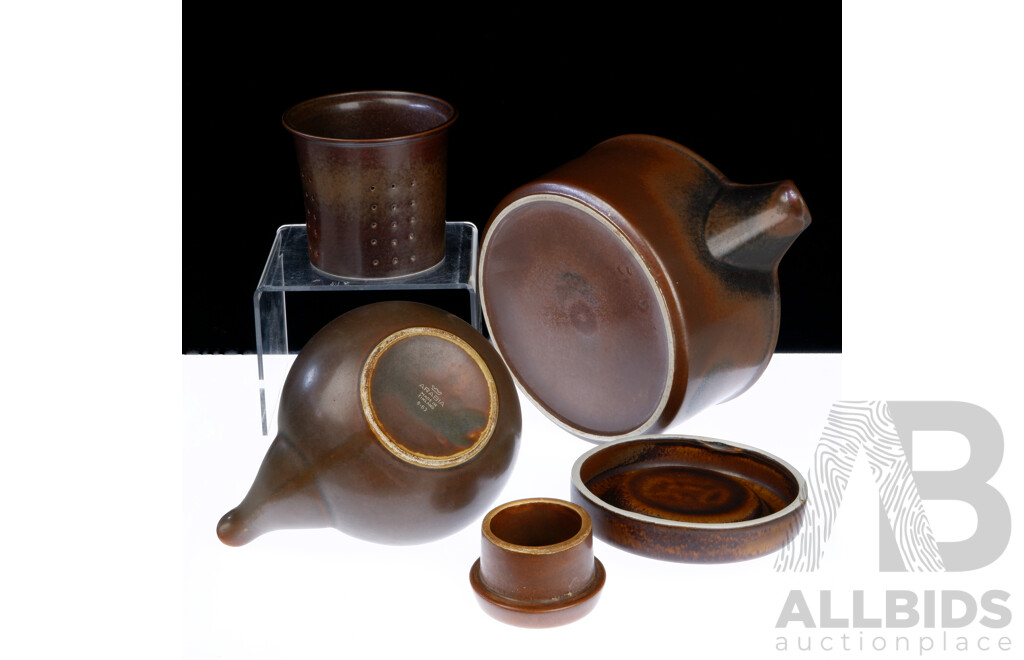 Vintage Mid Century Arabia Ruska Lidded Teapot Along with Arabia Teapot by Ulla Procope with Rattan Handle