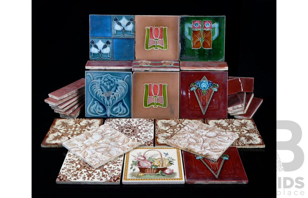 Collection Antique Ceramic Tiles Including Art Nouveau Examples