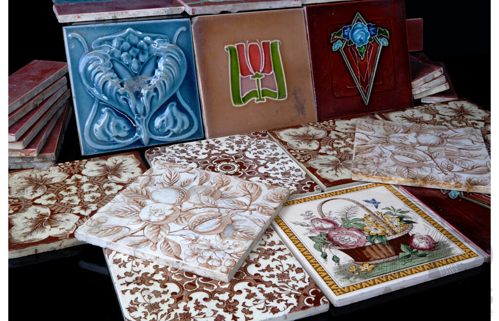Collection Antique Ceramic Tiles Including Art Nouveau Examples