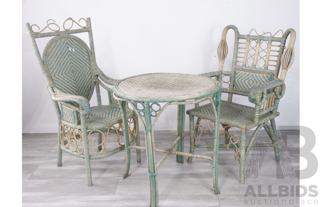 Antique Cane Patio Setting in Teal and White