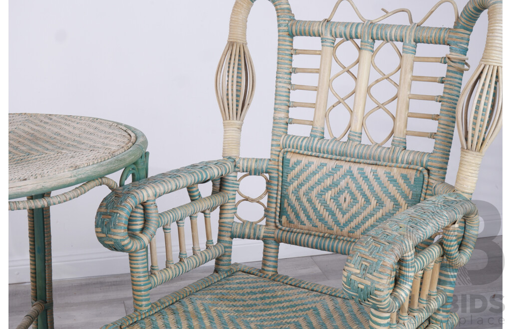Antique Cane Patio Setting in Teal and White