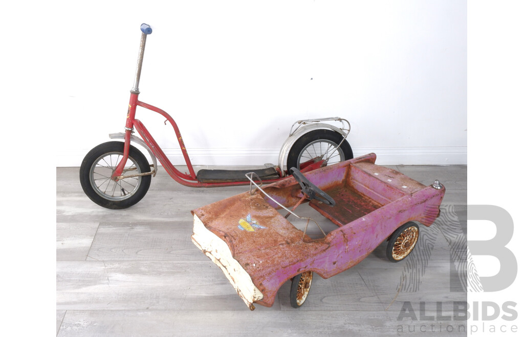 Vintage Metal Kids Cyclops Peddle Car and Kids Scooter