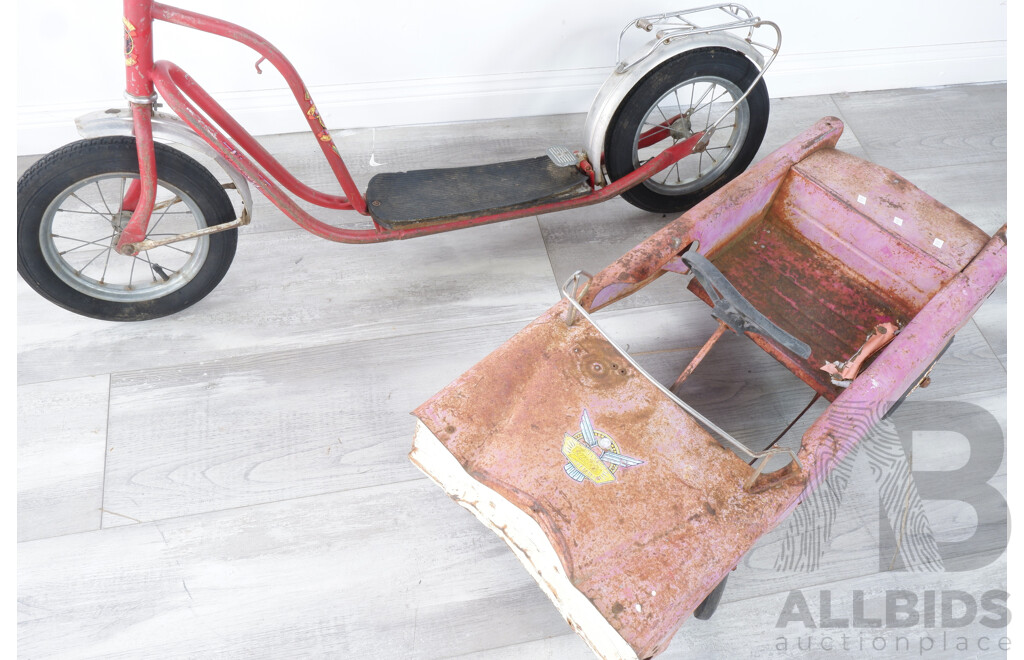 Vintage Metal Kids Cyclops Peddle Car and Kids Scooter