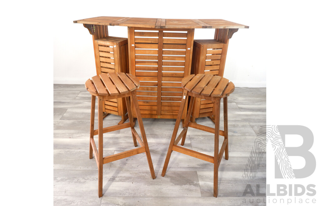 Collapsible Outdoor Teak Bar with Two Stools