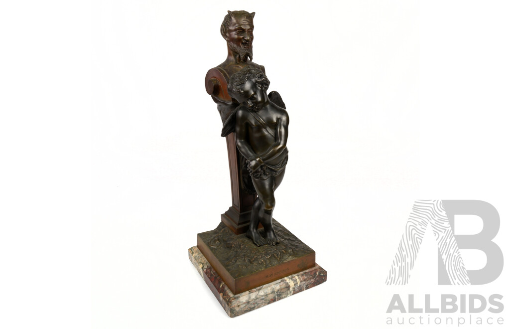 Édouard Drouot (French 1859-1945), Faun and Cherub, Cast Bronze and Marble