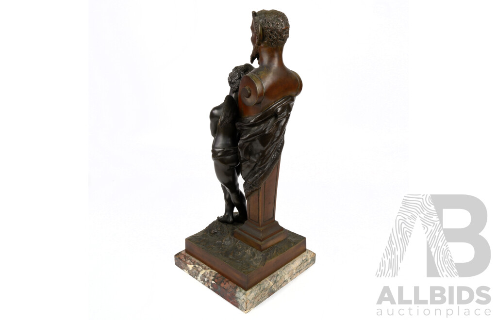 Édouard Drouot (French 1859-1945), Faun and Cherub, Cast Bronze and Marble