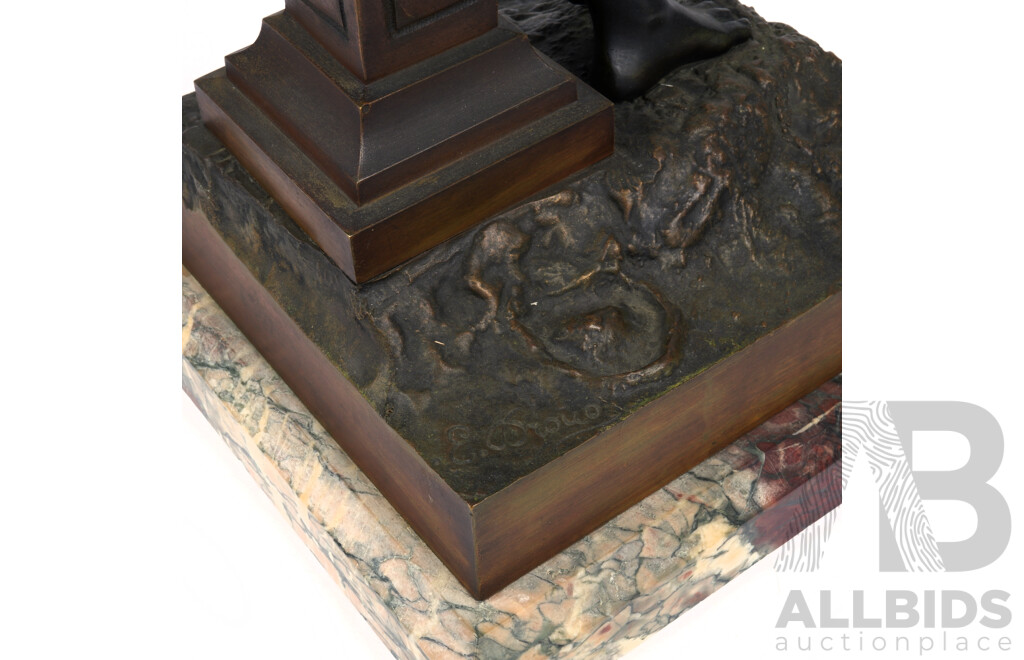 Édouard Drouot (French 1859-1945), Faun and Cherub, Cast Bronze and Marble
