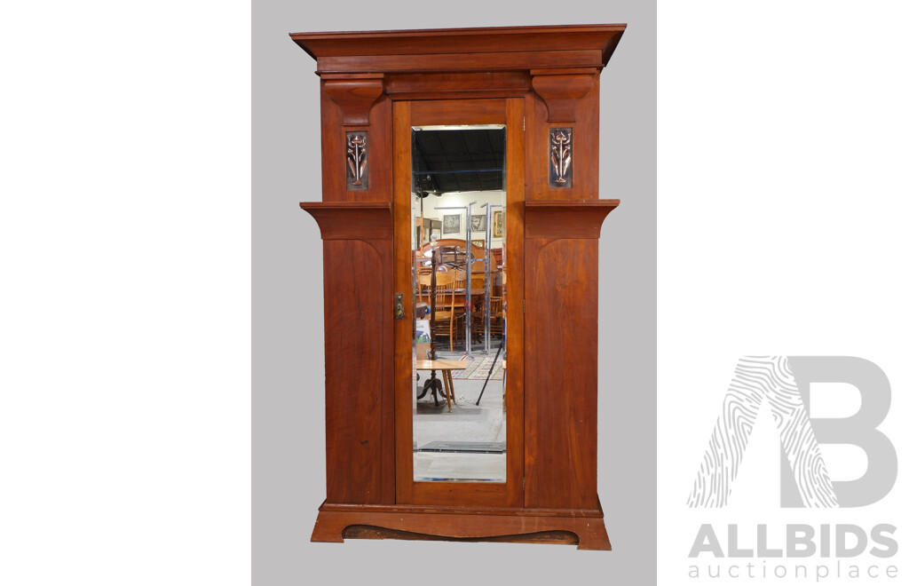 Art Nouveau American Walnut & Copper Panelled Wardrobe with Bevelled Mirror, Early 20th Century
