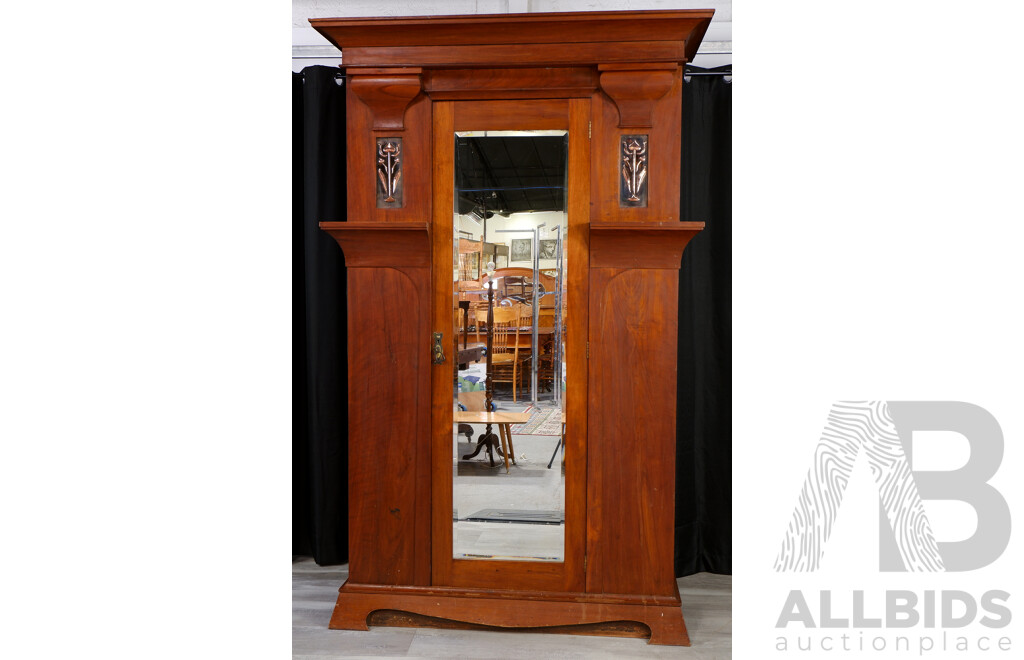 Art Nouveau American Walnut & Copper Panelled Wardrobe with Bevelled Mirror, Early 20th Century