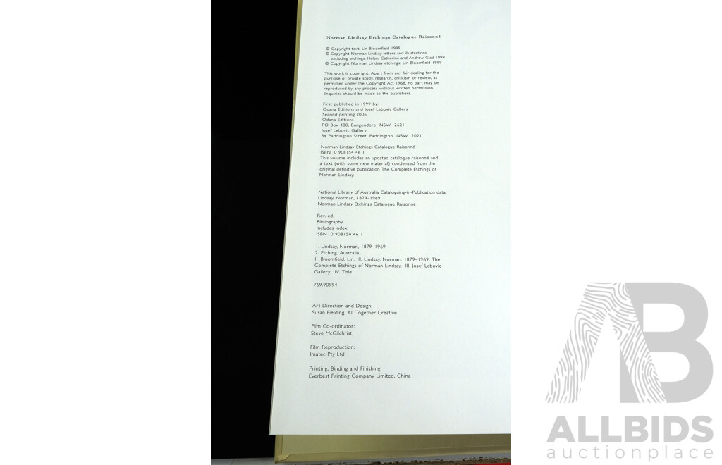 Norman Lindsey Etchings Catalogue Raisonne, Lin Bloomfield, Odana Editions, Bungendore, 2006, Hardcover